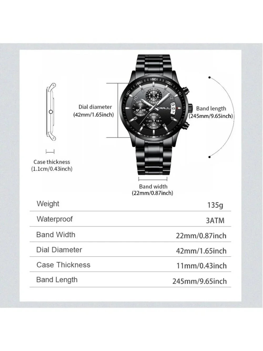 Men's Black Analog Quartz Stainless Steel Waterproof Chronograph Wrist Watch